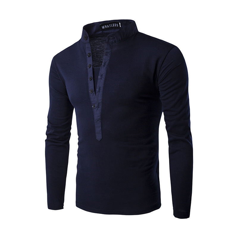 Men's Solid Color Multi-Button Decoration Casual Long-Sleeved T-Shirt